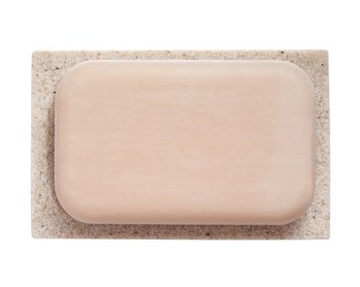 Holder with soap bar on white background, top view