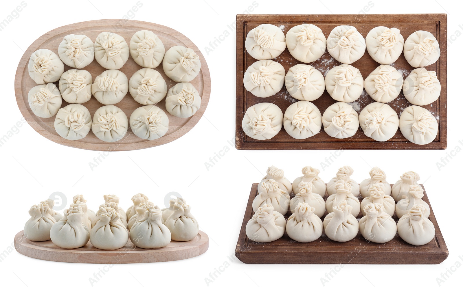 Image of Set of uncooked khinkalis (dumplings) isolated on white, top and side views