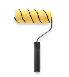 Photo of Paint roller brush with black handle on white background
