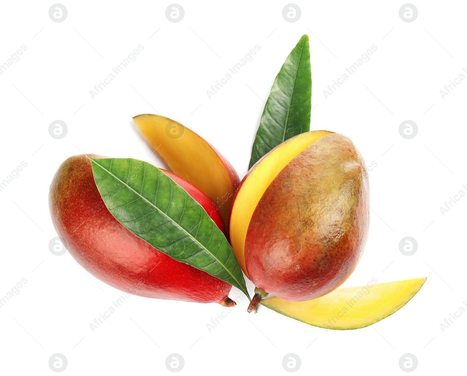Photo of Delicious ripe mangoes on white background, top view