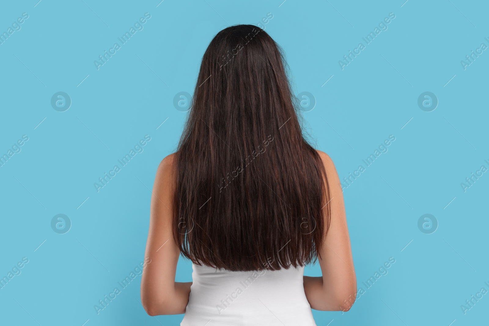 Photo of Woman with damaged messy hair on light blue background, back view