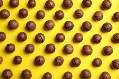 Flat lay composition with organic Macadamia nuts on color background