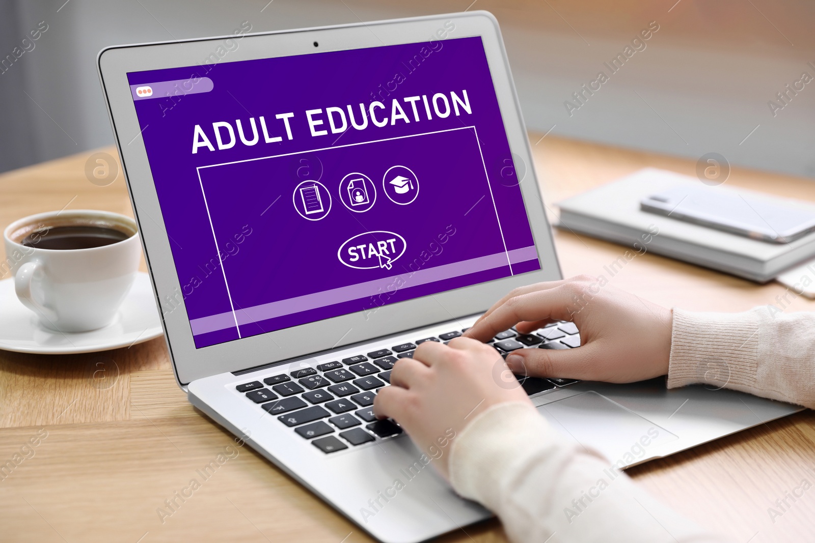 Image of Woman using laptop for online studying indoors, closeup. Adult education 