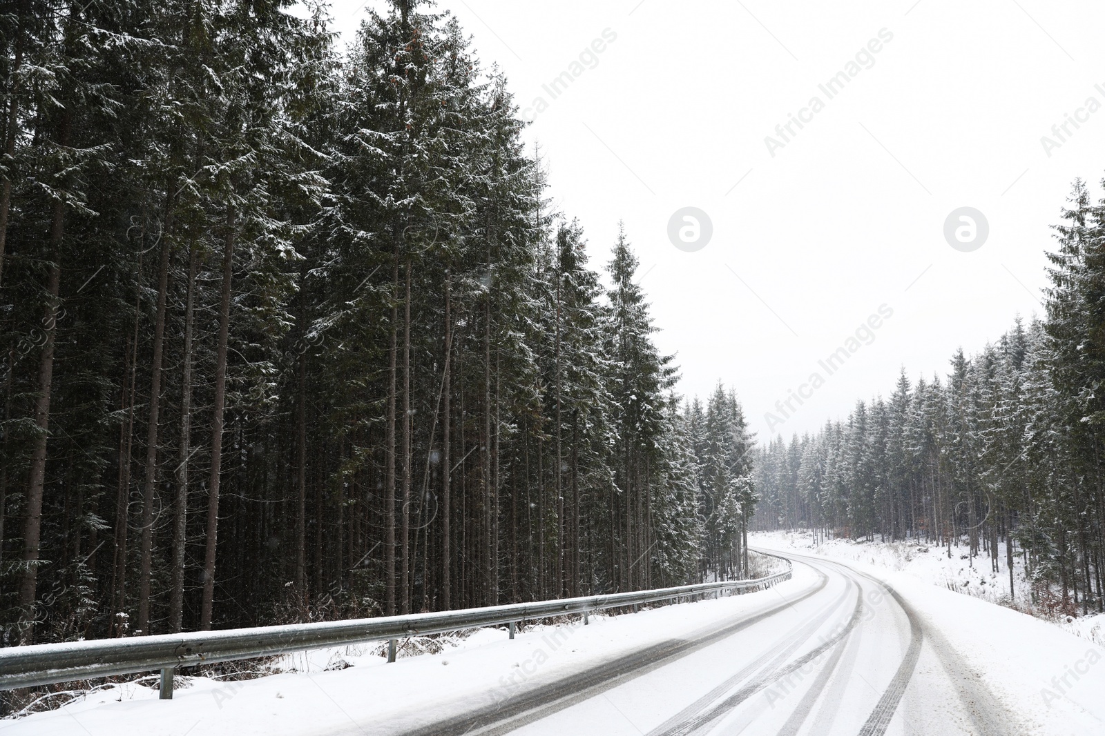 Photo of Beautiful landscape with conifer forest and road on snowy winter day