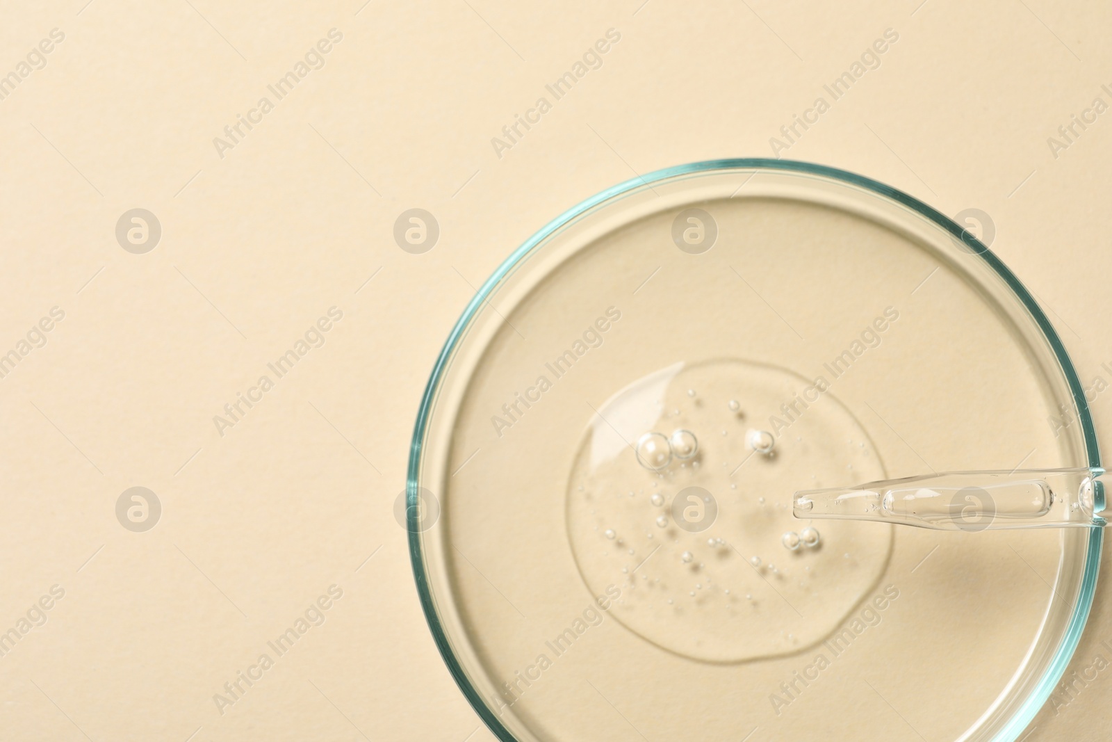 Photo of Petri dish with sample of cosmetic oil on beige background, top view. Space for text