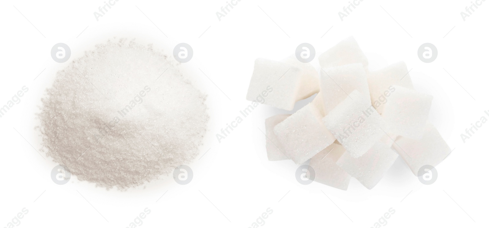 Image of Sugar cubes and granulated isolated on white, top view