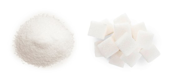 Image of Sugar cubes and granulated isolated on white, top view