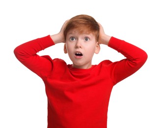 Photo of Portrait of surprised little boy on white background