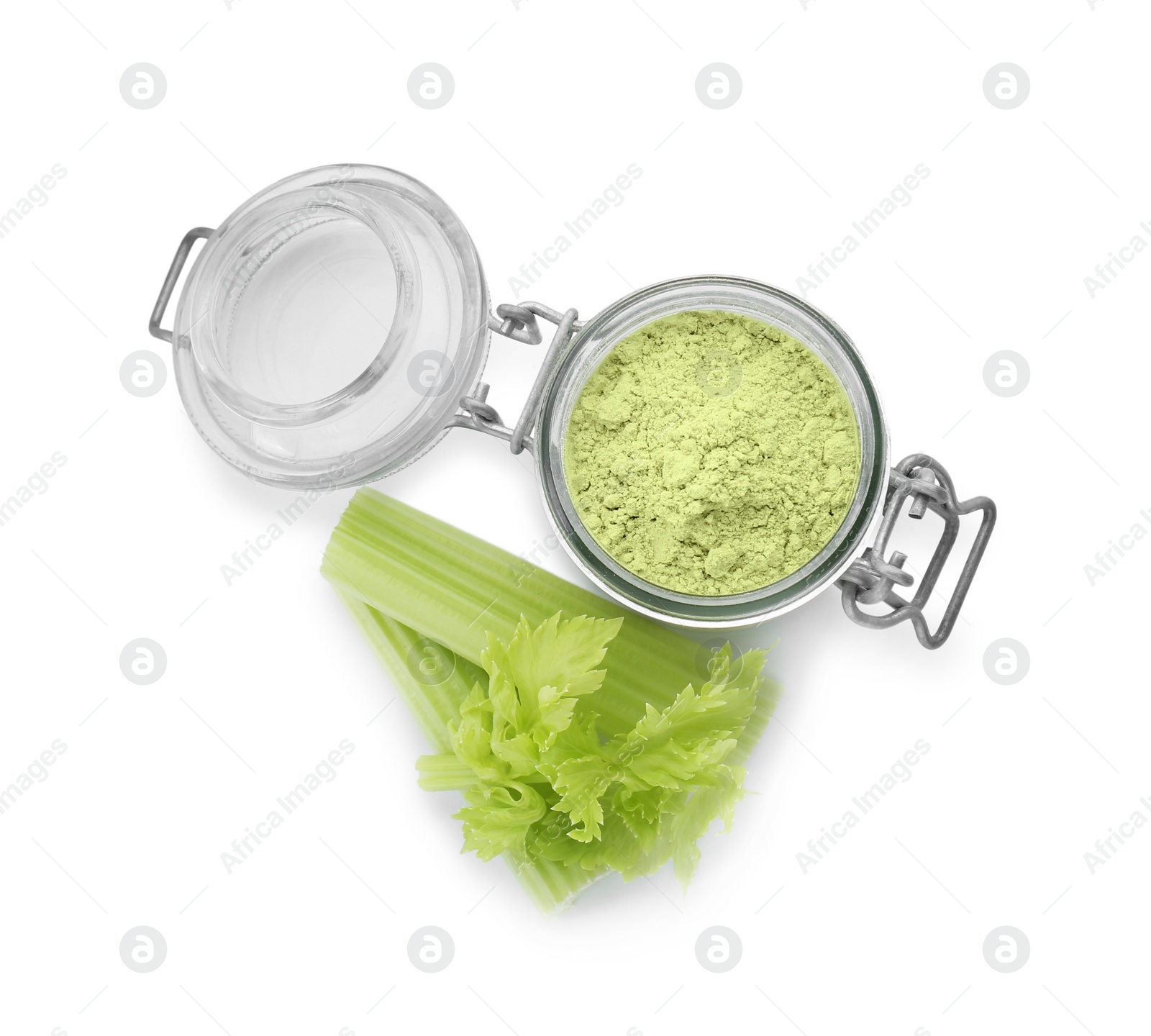 Photo of Glass jar of celery powder and fresh cut stalk isolated on white, top view