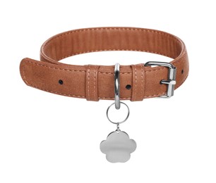 Brown leather dog collar with tag isolated on white