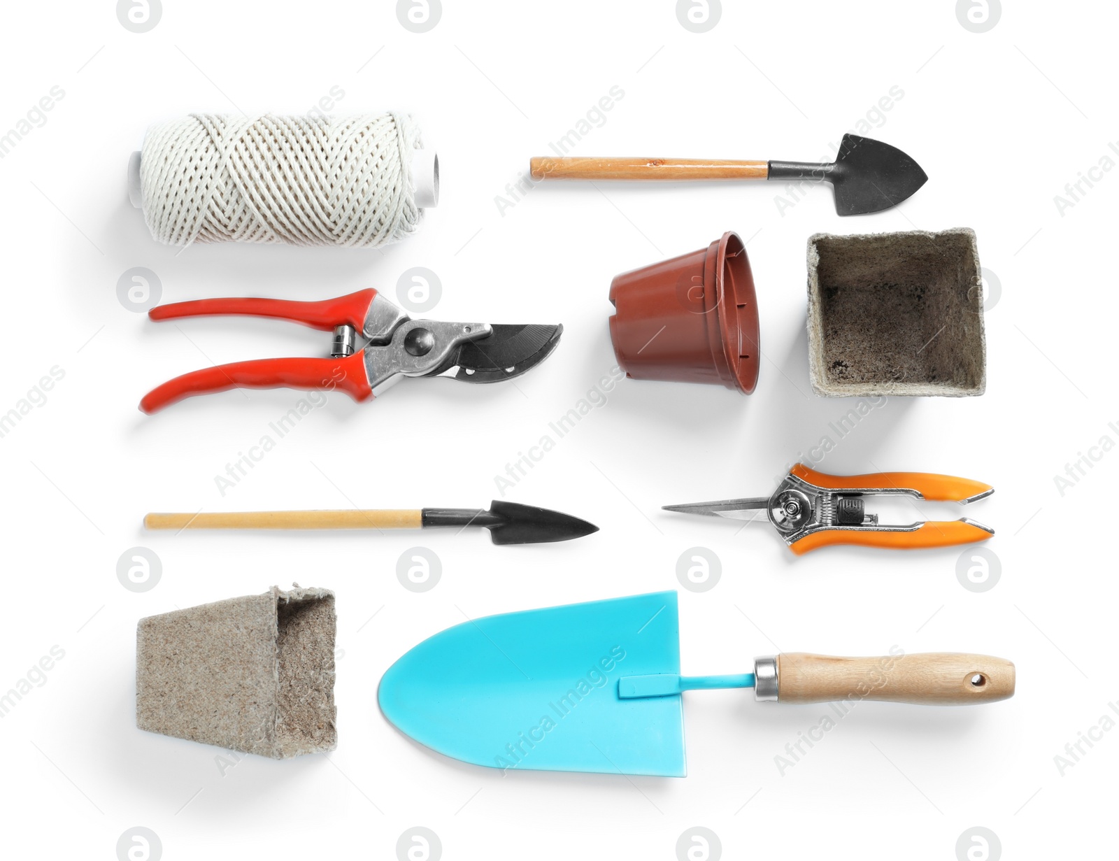 Photo of Flat lay composition with professional gardening tools on white background