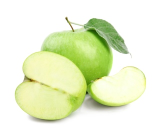 Photo of Fresh ripe green apples with leaf on white background