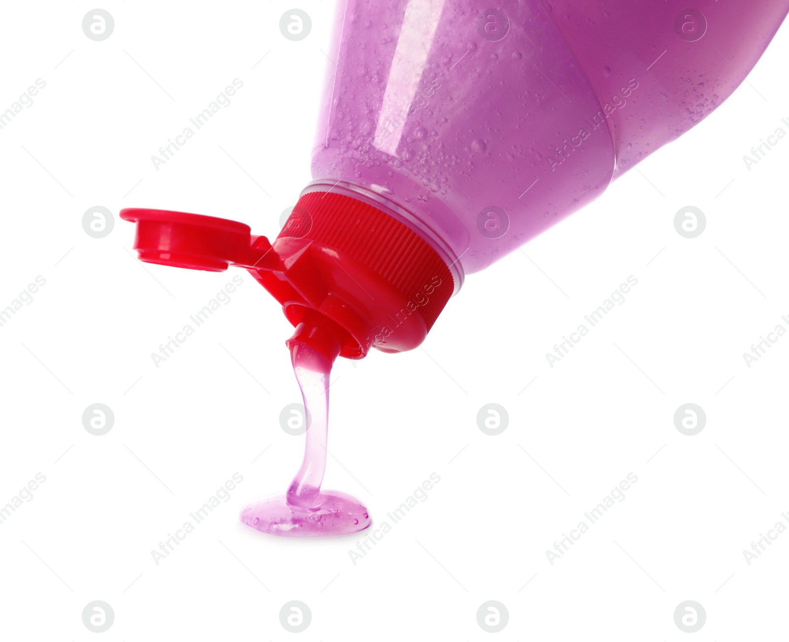 Photo of Pouring cleaning product for dish washing on white background, closeup