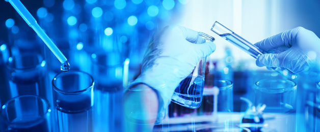 Image of Double exposure of scientist working with reagents and test tubes, banner design. Laboratory analysis