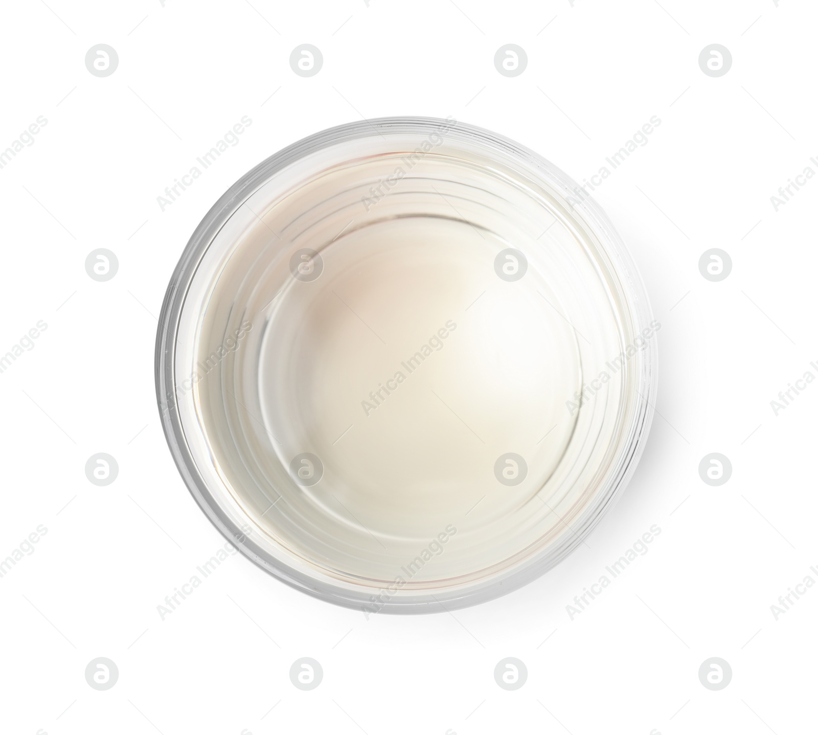 Photo of Vinegar in glass isolated on white, top view