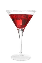 Photo of Tasty cranberry cocktail with sugar in glass isolated on white