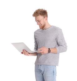 Photo of Happy man with laptop on white background