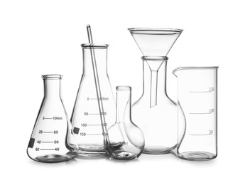Photo of Different empty laboratory glassware isolated on white