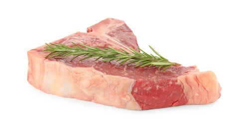 Photo of Raw t-bone beef steak and rosemary isolated on white
