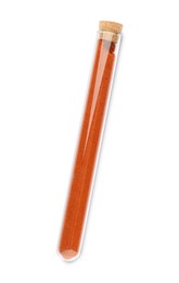 Photo of Glass tube with paprika on white background, top view