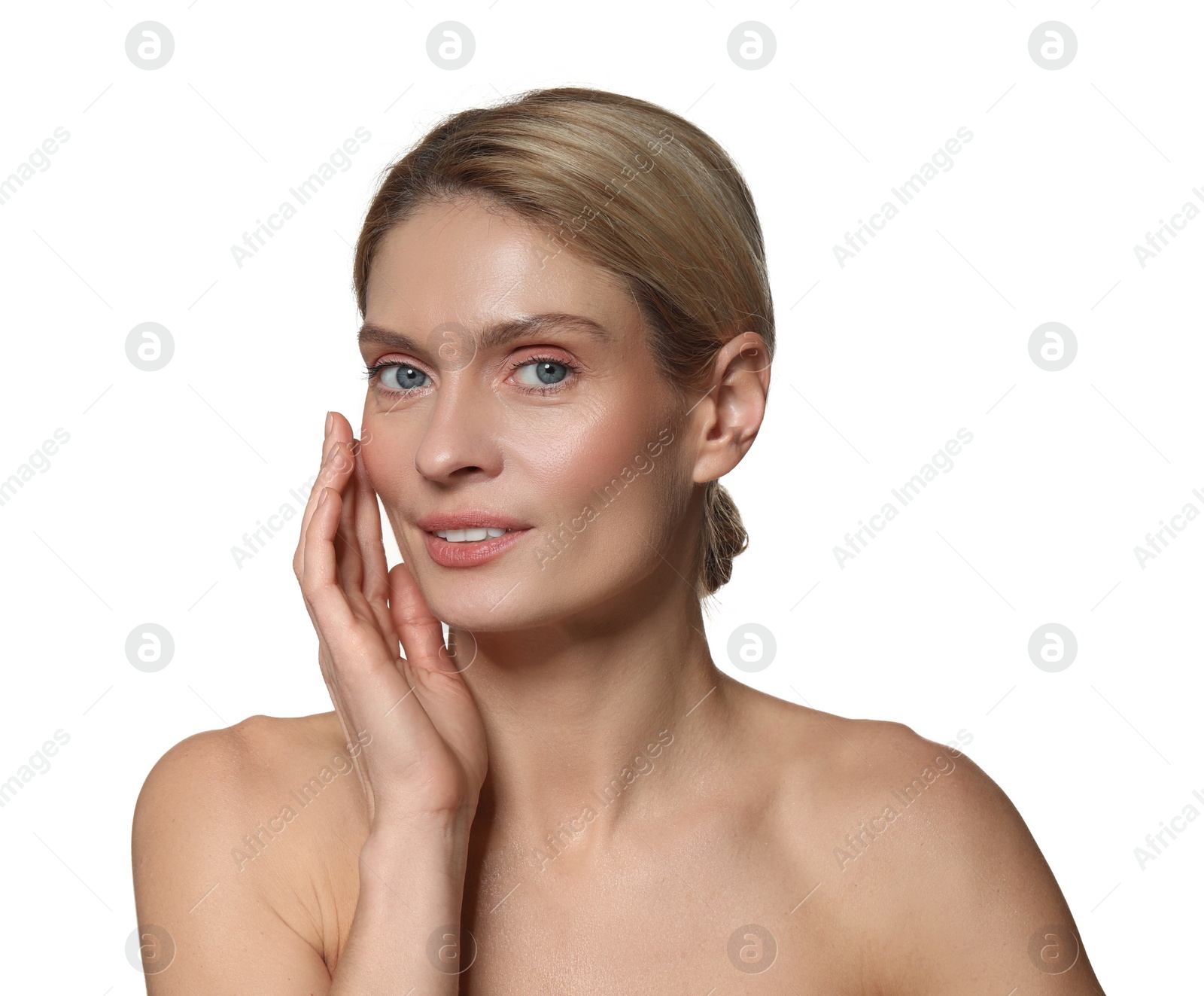 Photo of Beautiful woman with healthy skin on white background