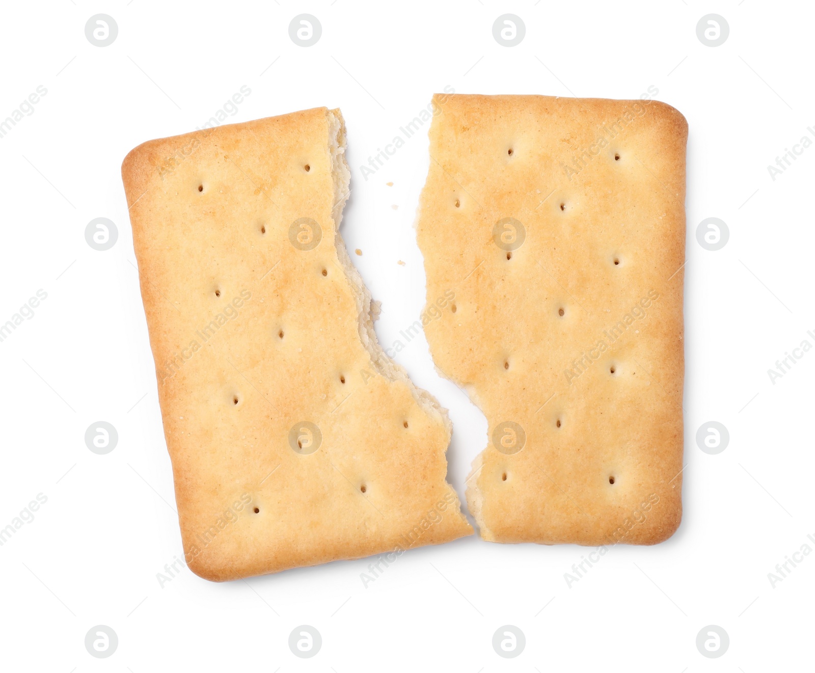 Photo of Crispy broken cracker isolated on white, top view