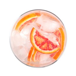 Photo of Delicious refreshing drink with sicilian orange and ice cubes in glass isolated on white, top view