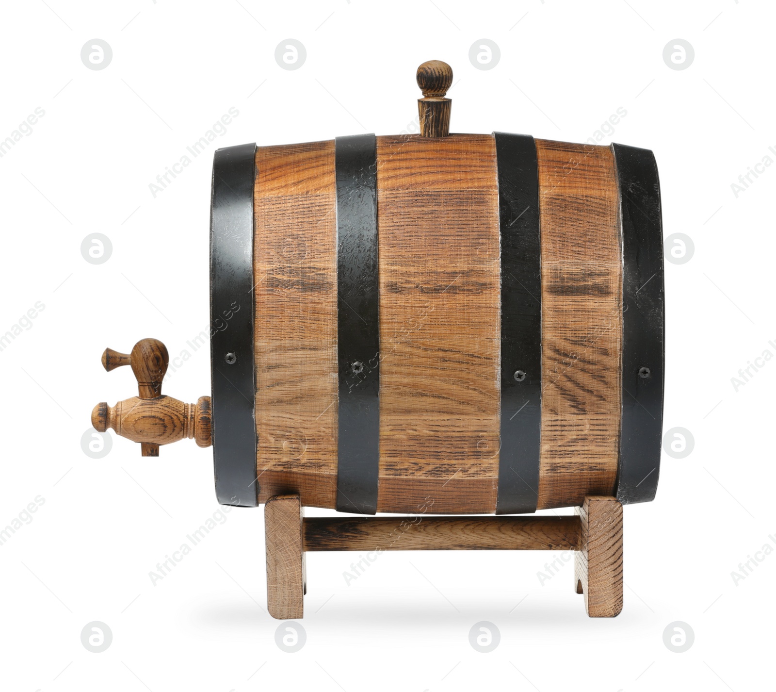 Photo of One wooden barrel with tap on white background