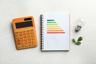 Photo of Flat lay composition with energy efficiency rating chart, light bulb and calculator on white wooden background