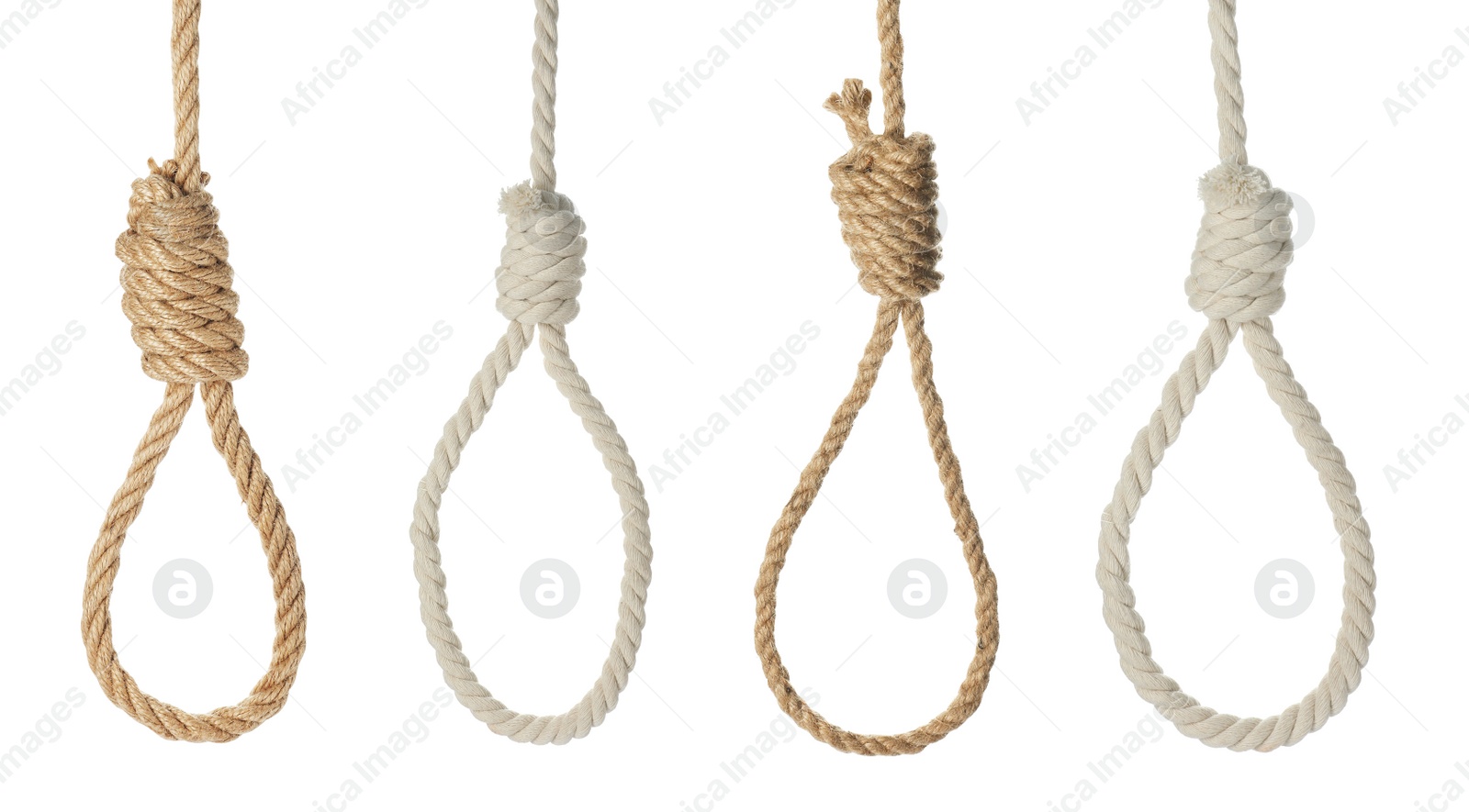 Image of Rope nooses with knots on white background, collage