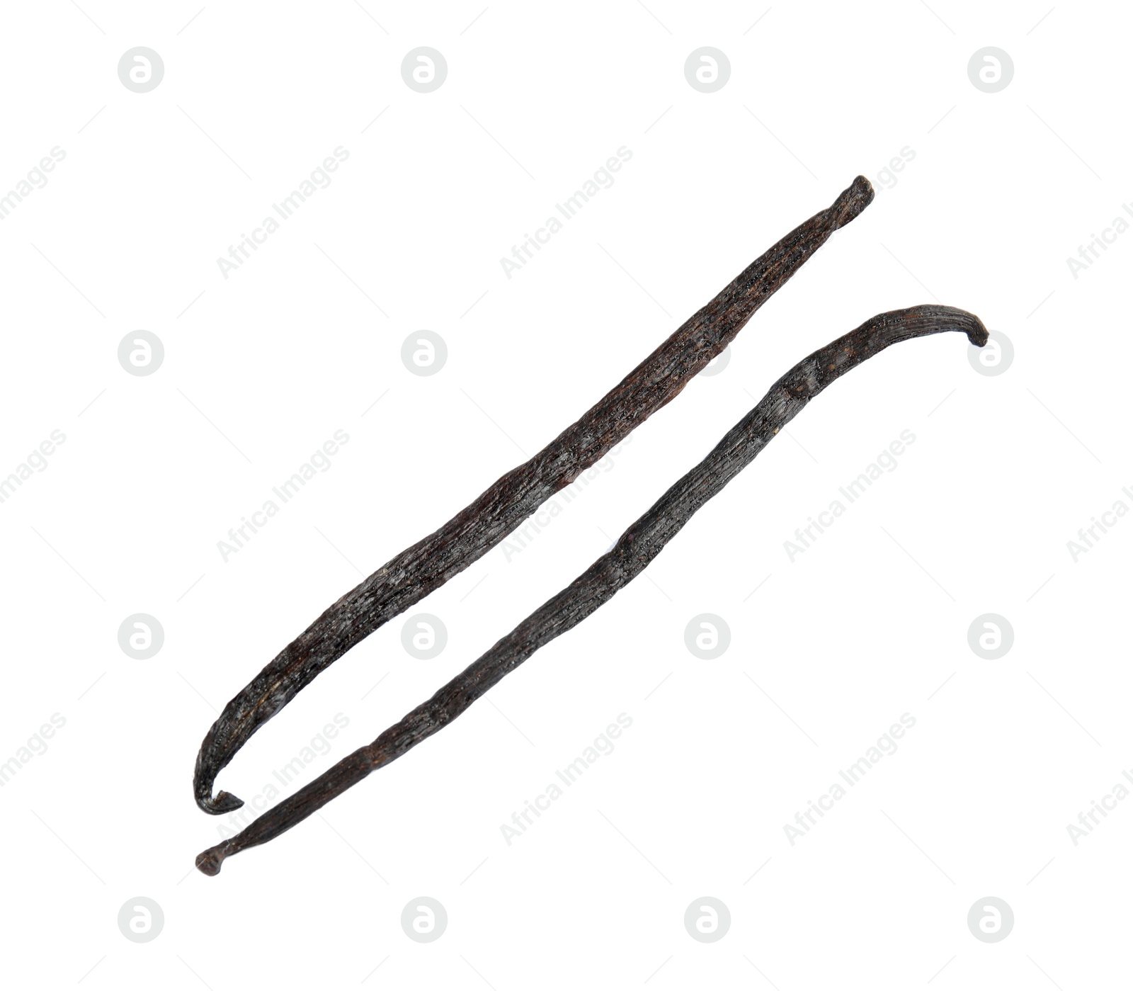 Photo of Dried aromatic vanilla sticks on white background, top view