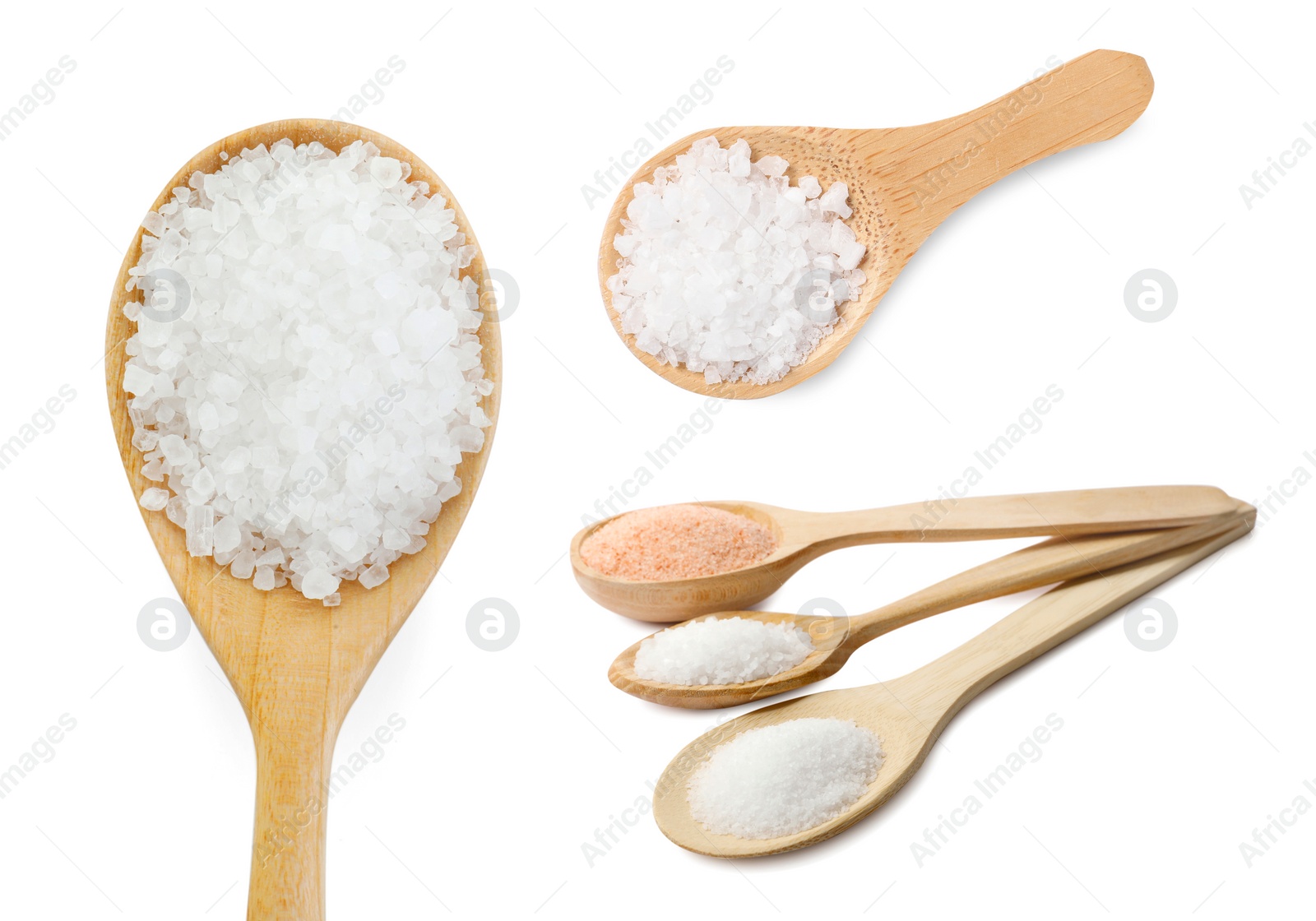 Image of Natural salt in spoons isolated on white, set