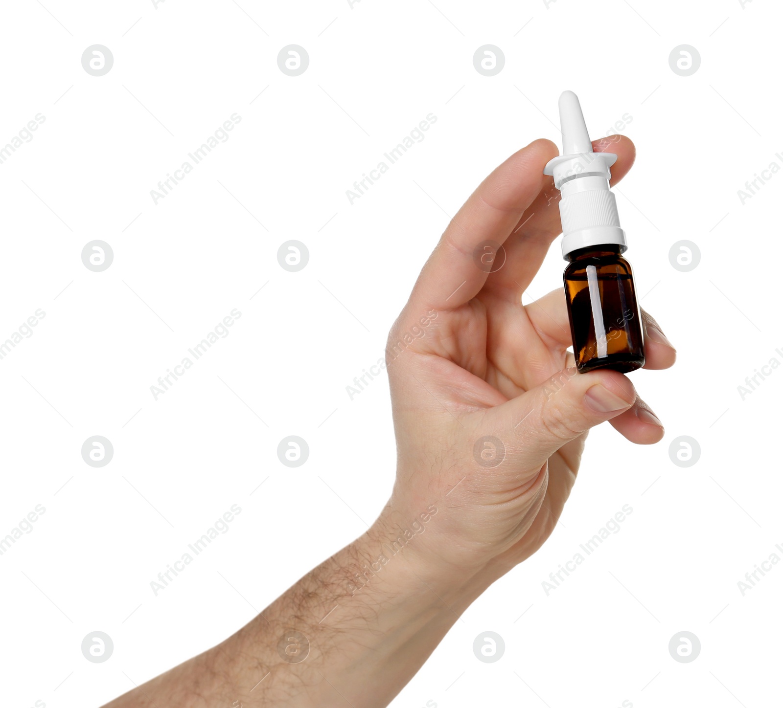 Photo of Man holding nasal spray on white background, closeup