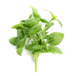 Photo of Aromatic fresh basil leaves on white background, top view