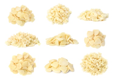 Image of Set of cut garlic on white background 