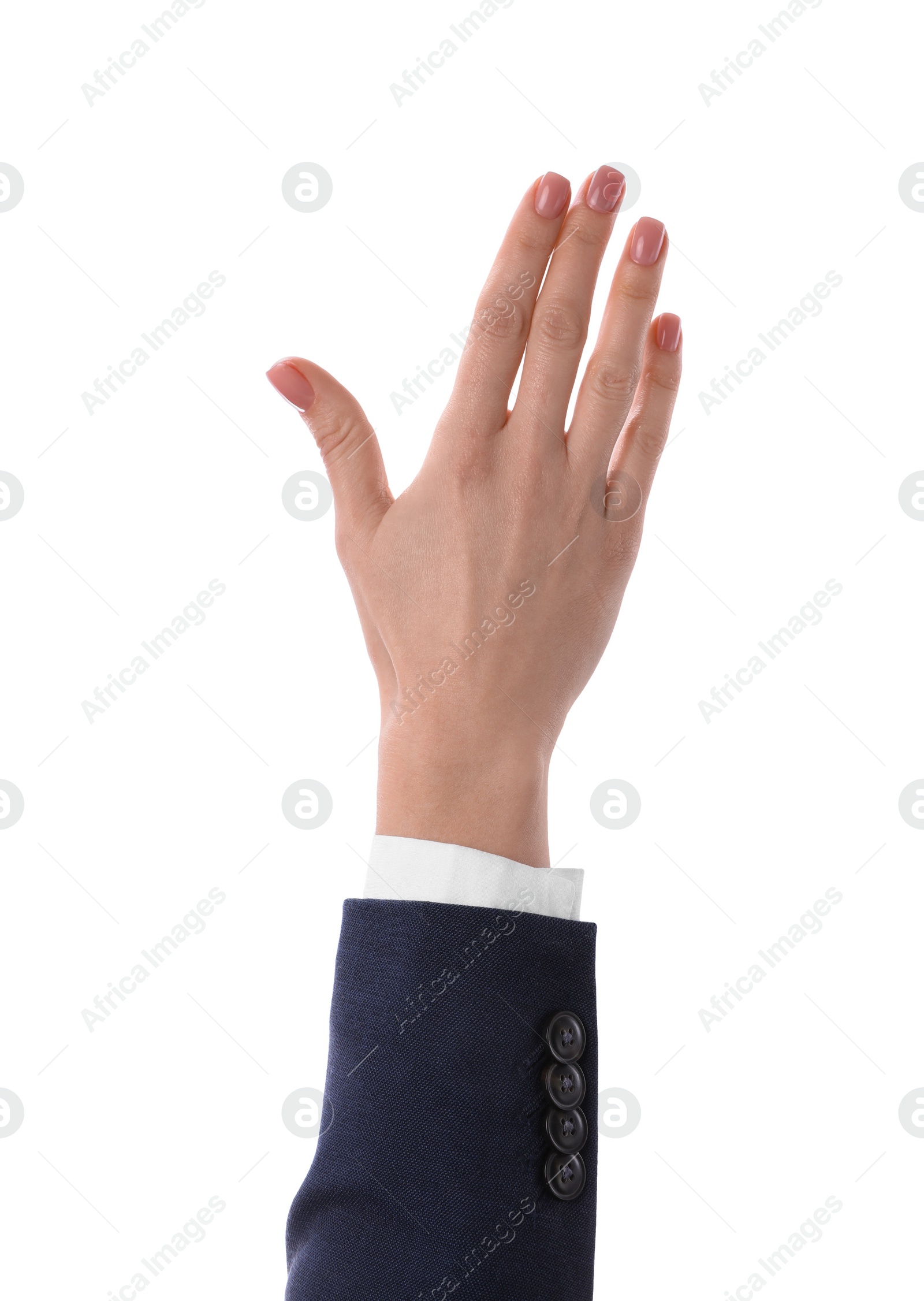 Photo of Woman showing hand on white background, closeup