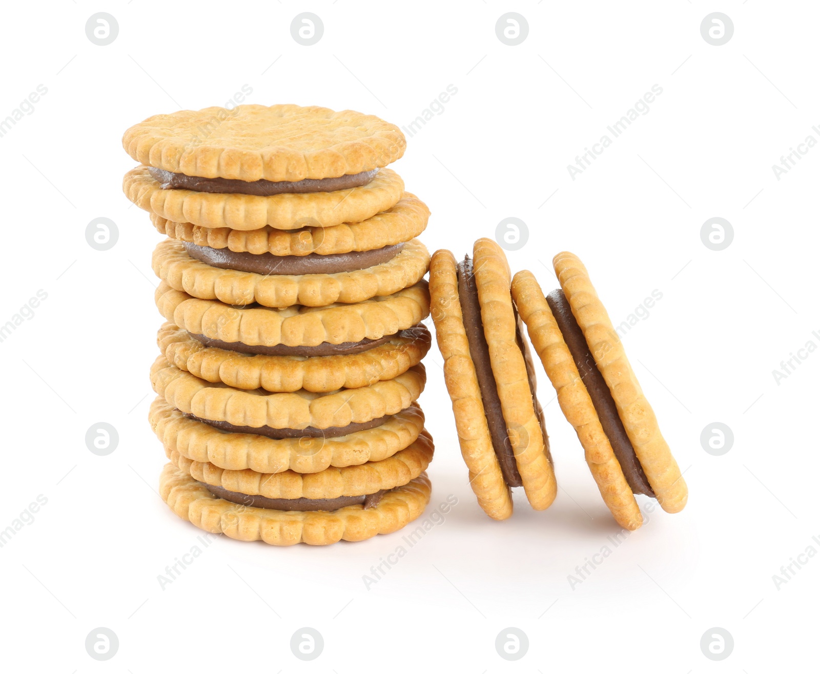 Photo of Tasty sandwich cookies with chocolate cream on white background