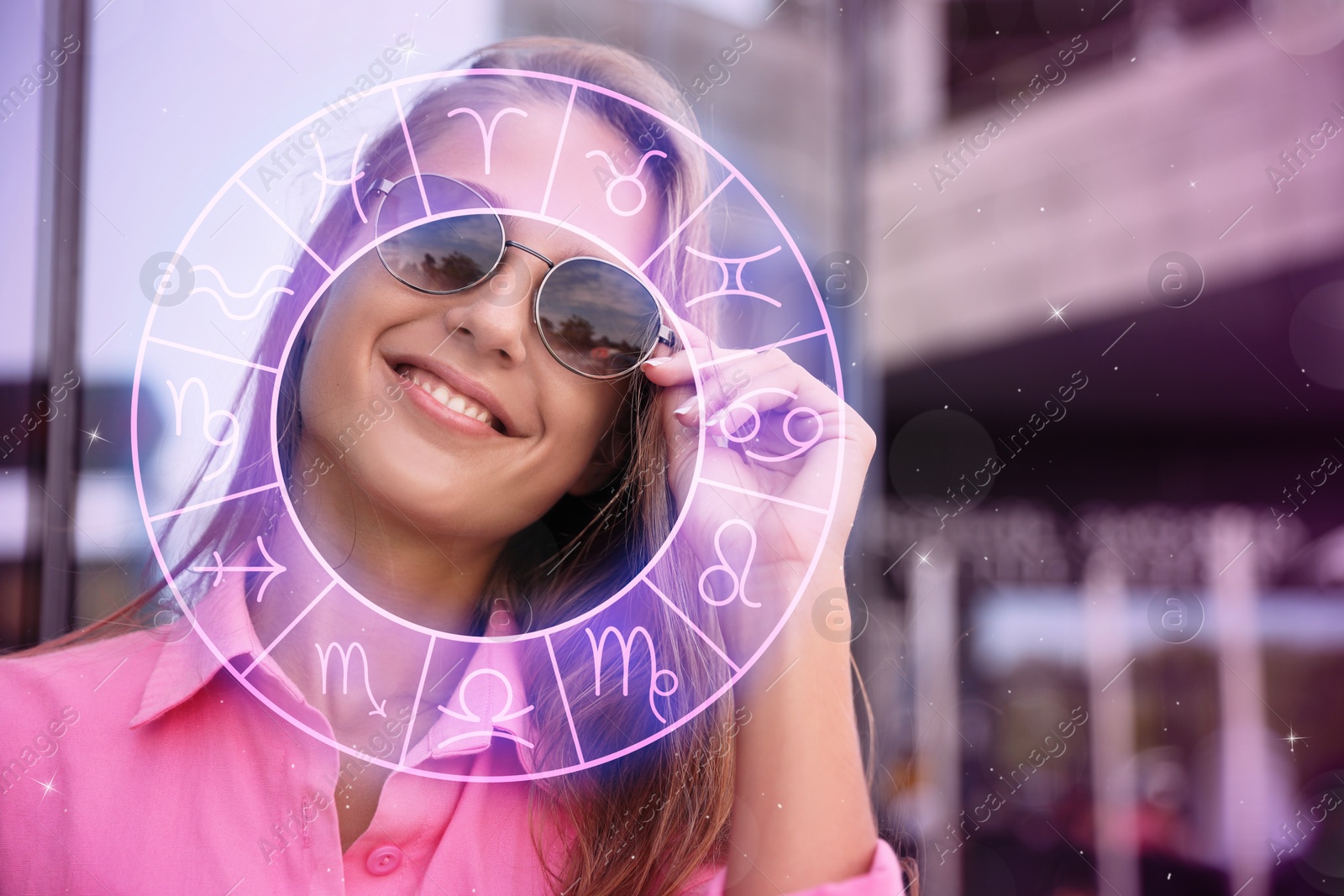 Image of Beautiful young woman outdoors and zodiac wheel illustration