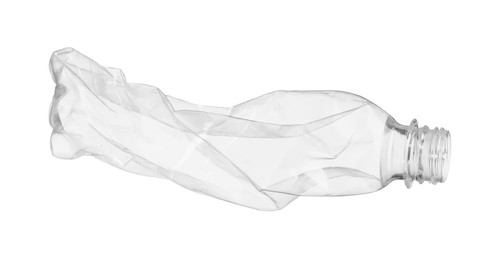 Crumpled disposable plastic bottle isolated on white