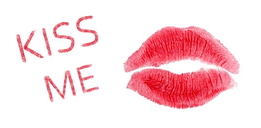 Image of Lipstick mark and phrase Kiss Me on white background