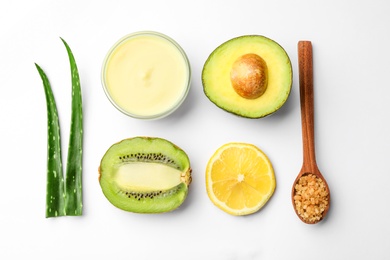 Photo of Composition with ingredients for handmade face mask on white background, top view