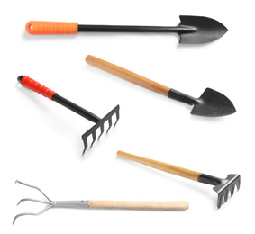 Image of Set of different gardening tools on white background