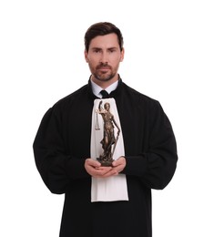Photo of Judge showing figure of Lady Justice on white background