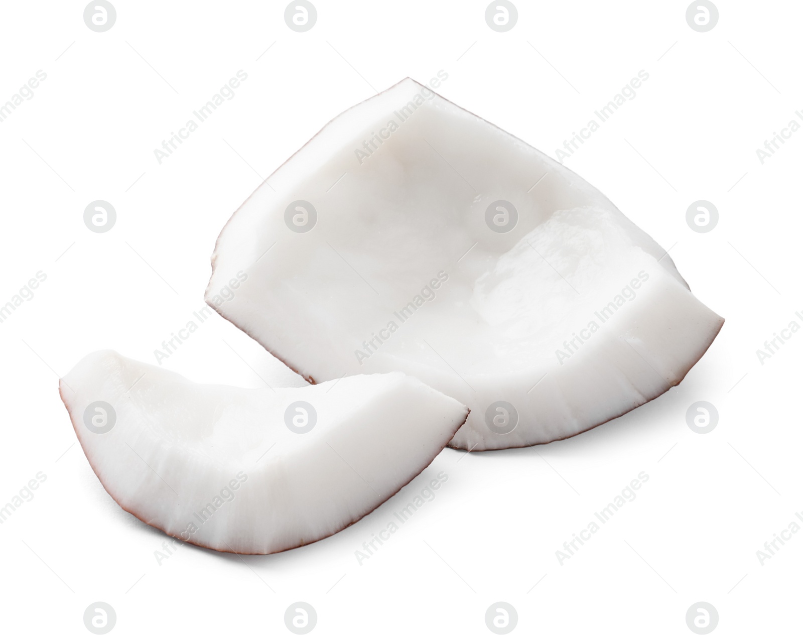 Photo of Pieces of tasty ripe coconut on white background