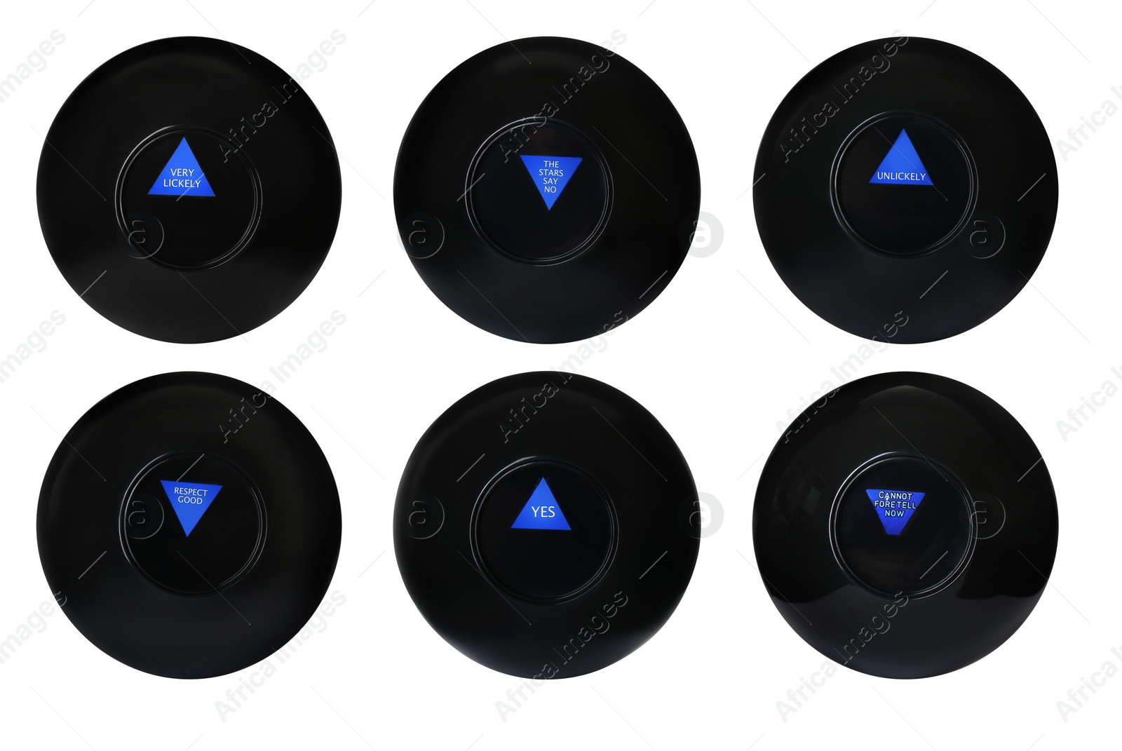 Image of Magic eight ball with different predictions isolated on white, collection