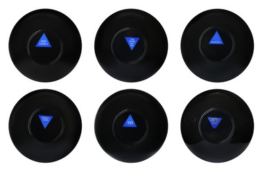 Image of Magic eight ball with different predictions isolated on white, collection