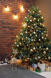Beautiful Christmas tree with festive lights and gifts in living room. Interior design