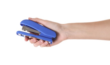 Photo of Woman holding blue stapler on white background, closeup