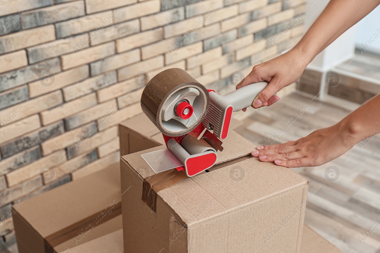 Photo of Woman packing carton box indoors, closeup. Moving day