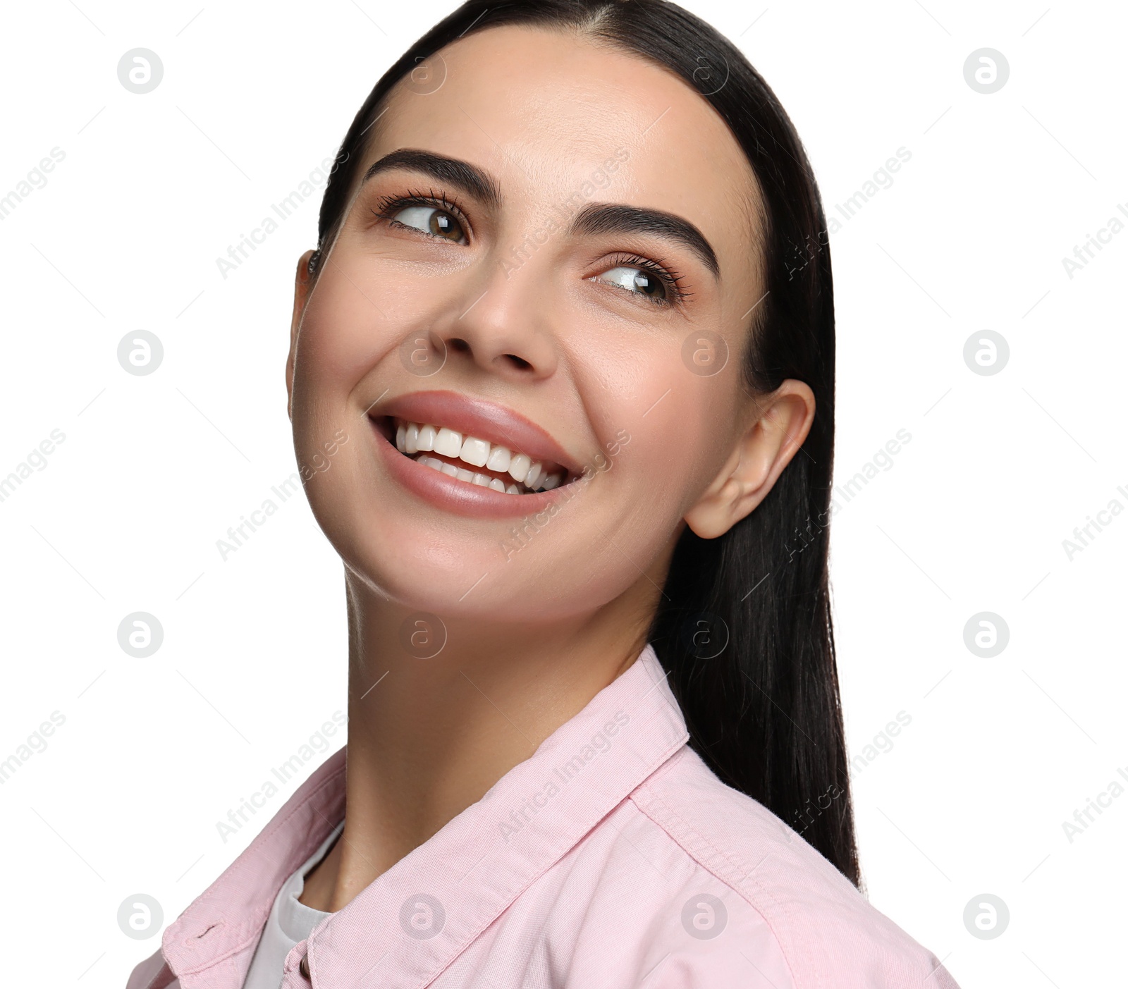 Photo of Beautiful woman with clean teeth smiling on white background